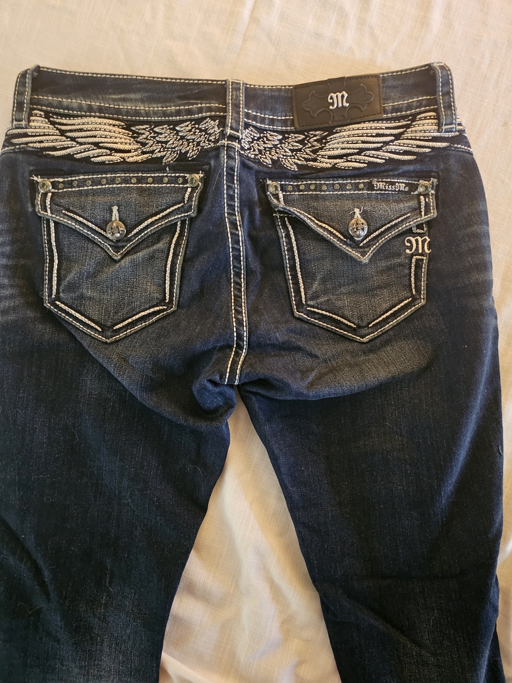Miss Me Dark Blue Denim Jeans with Embroidered Wing Back